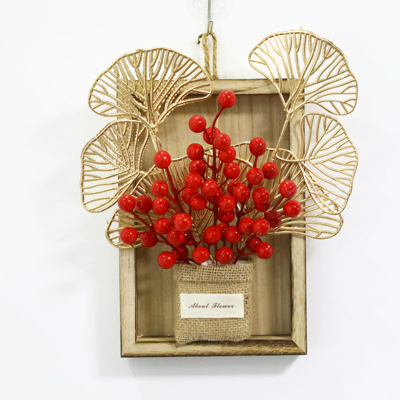 Año Nuevo cuadrado de madera colgante de pared sala de estar colgantes de pared decoración del hogar floral cuttings bayas rojas granada rica
