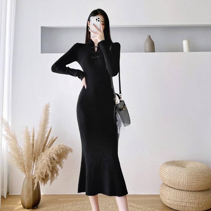 Autumn and Winter New Chinese Style Retro National Style Cheongsam Bottoming Knitted Dress Women's Inner Sweater Hip-Covering Fishtail Skirt Pure Color