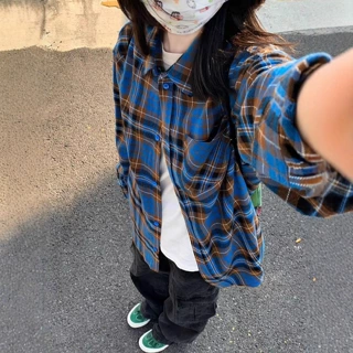 韩版复古蓝色格子衬衫女秋夏季设计高级感衬衣港味百搭外套上衣女