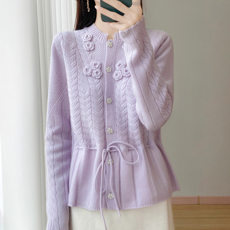 Women's Round Neck 100% Mercerized Wool Knitted Cardigan Autumn and Winter New Twist Waist Rope Design to Slim down the Waist