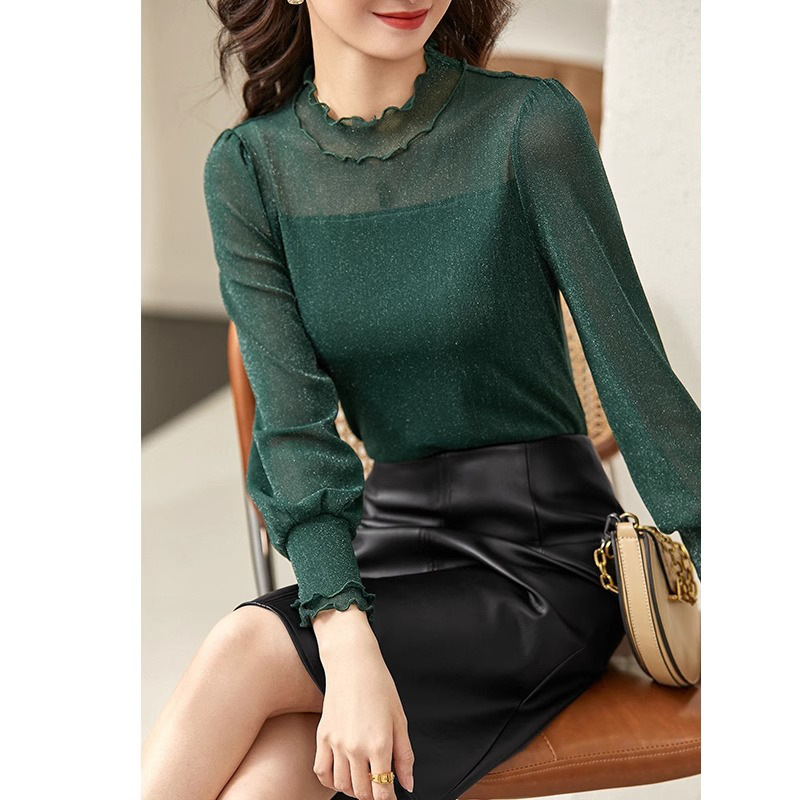 Ning Xinyi Half-High Collar Lace Shirt, Elegant Commuter Style, Shiny Mesh Long-Sleeve Base Shirt, Slim-Fit Top for Women