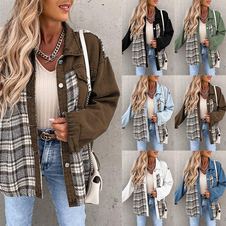 Amazon Independent Station Hot Cross-border Autumn and Winter Denim Jacket Long Sleeve Plaid Button-Up Shirt Jacket Top