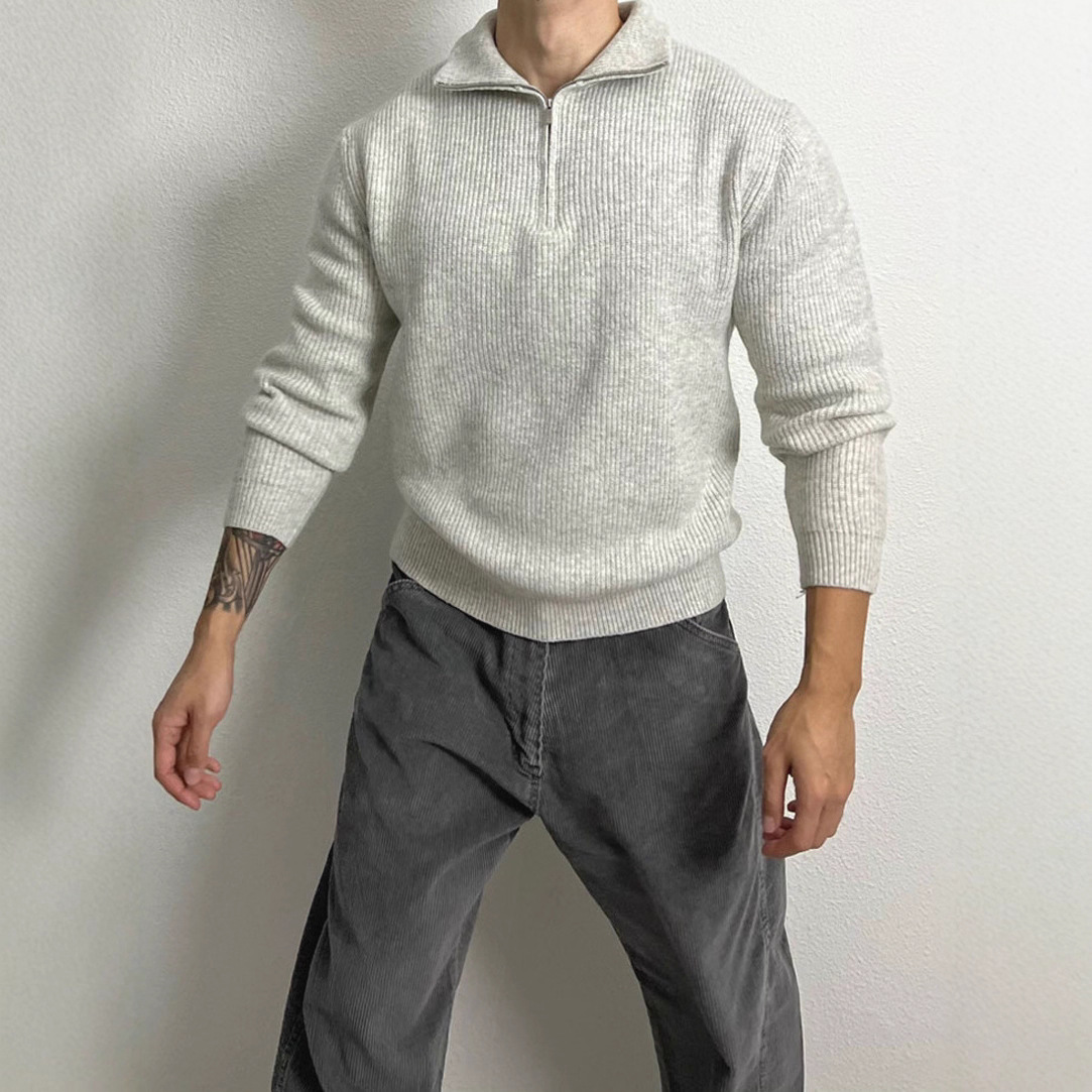 American Tough Guy Style Half-Zip Knitwear Men's Mid-High Collar Pullover Long-Sleeved Sweatshirt Pit Stripesd Stand-Up Collar Wool Blouse