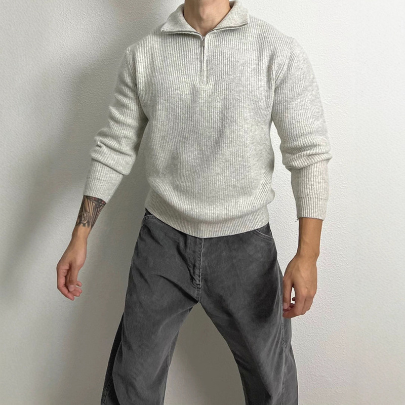 American Tough Guy Style Half-Zip Knitwear Men's Mid-High Collar Pullover Long-Sleeved Sweatshirt Pit Stripesd Stand-Up Collar Wool Blouse