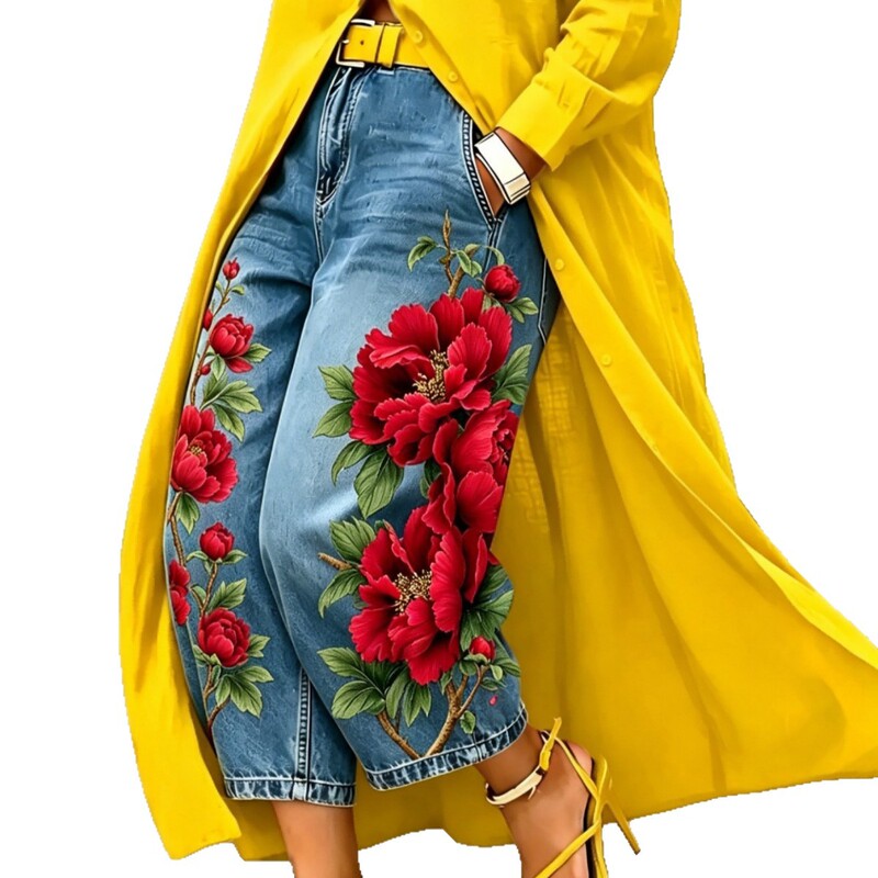 Real Denim Direct-Printed Printed Cross-Border European and American Style Women's Straight-Leg Pants, Mid-Waist Wide-Leg Denim Cropped Pants, One Piece Can Be Printed Real Denim Direct-Printed Printed Cross-Border European and American Style Women's Straight-Leg Pants, Mid-Waist Wide-Leg Denim Cropped Pants, One Piece Can Be Printed