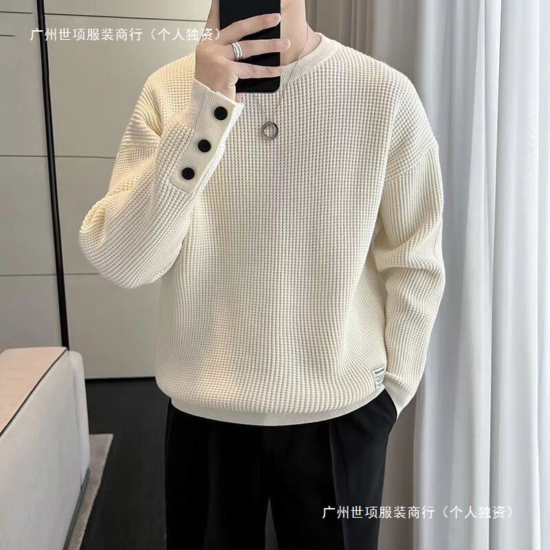 White Lazy Style Sweatshirt for Men, Autumn and Winter Style, Designer Style, Trendy Brand, Winter Inner Round Neck Bottoming Shirt