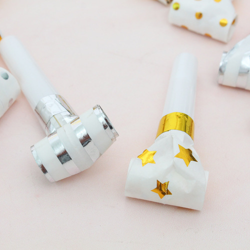 Manufacturer wholesale 6.5 cm hot stamping blow roll golden children's birthday party trumpet toy paper blow dragon whistle