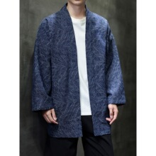 风衣男中长款开衫道袍新中式复古提花牛仔外套秋季中国风斗篷大衣