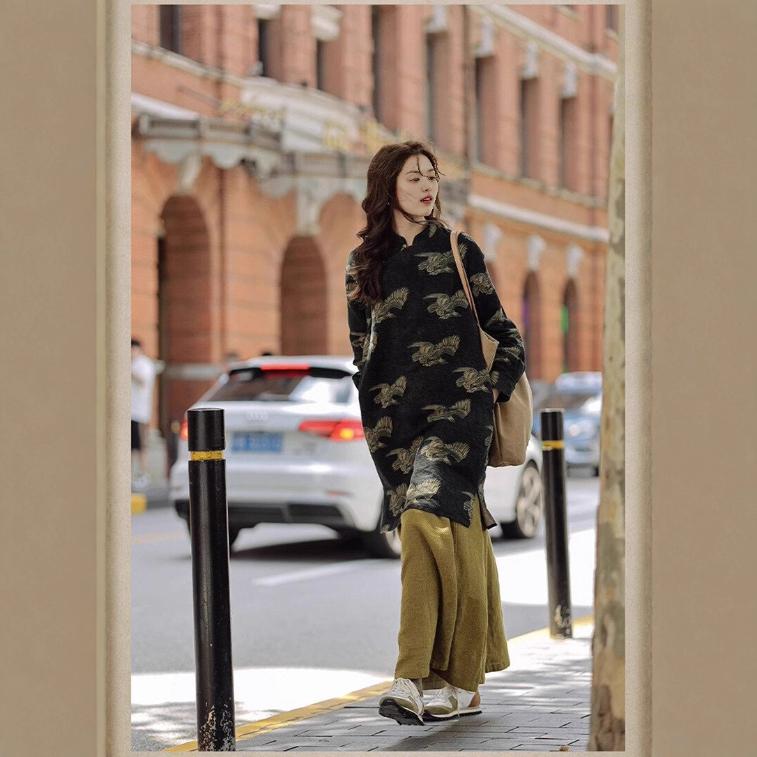 棉服旗袍 中长款棉服 复古印花秋季 棉麻新中式 棉旗袍A1116