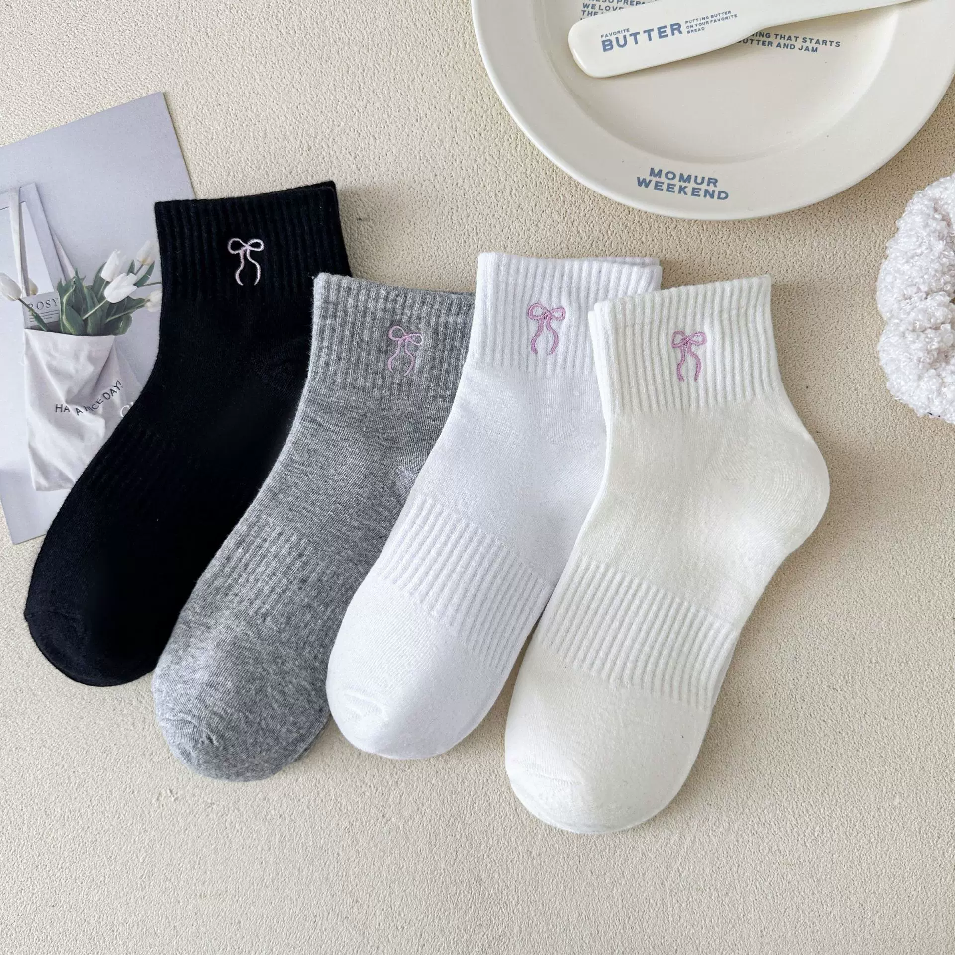 粉色蝴蝶结袜子女短袜夏季薄款棉袜中筒刺绣可爱甜美夏天平板透气