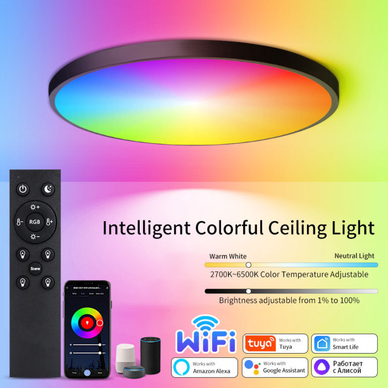 Tuya Wifi Smart Ceiling Light Ultra-Thin Remote Control Alexa Google Bluetooth Rgbcw Colorful Bedroom Light