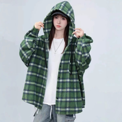 Spring and autumn new style Hong Kong-style plaid hooded shirt coat for men and women's loose and lazy style medium and long casual trend coat