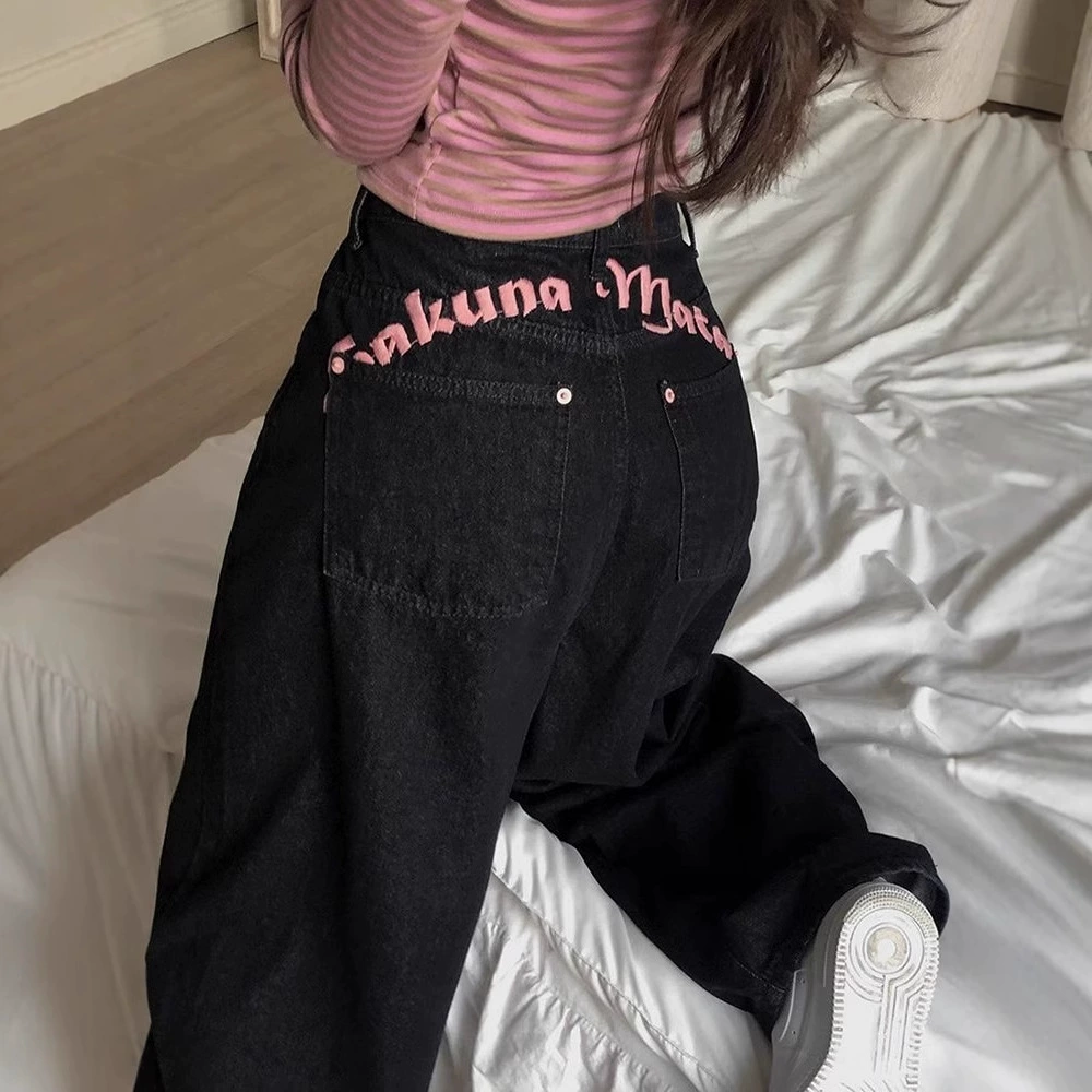 Европейские и американские джинсы с вышивкой букв для женщин y2k, милые, крутые, сексуальные, модные, тонкие прямые брюки с высокой талией, трансграничные