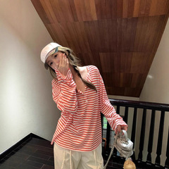 天丝罗纹 韩系穿搭慵懒风撞色条纹长袖防晒罩衫女夏长袖T恤上衣