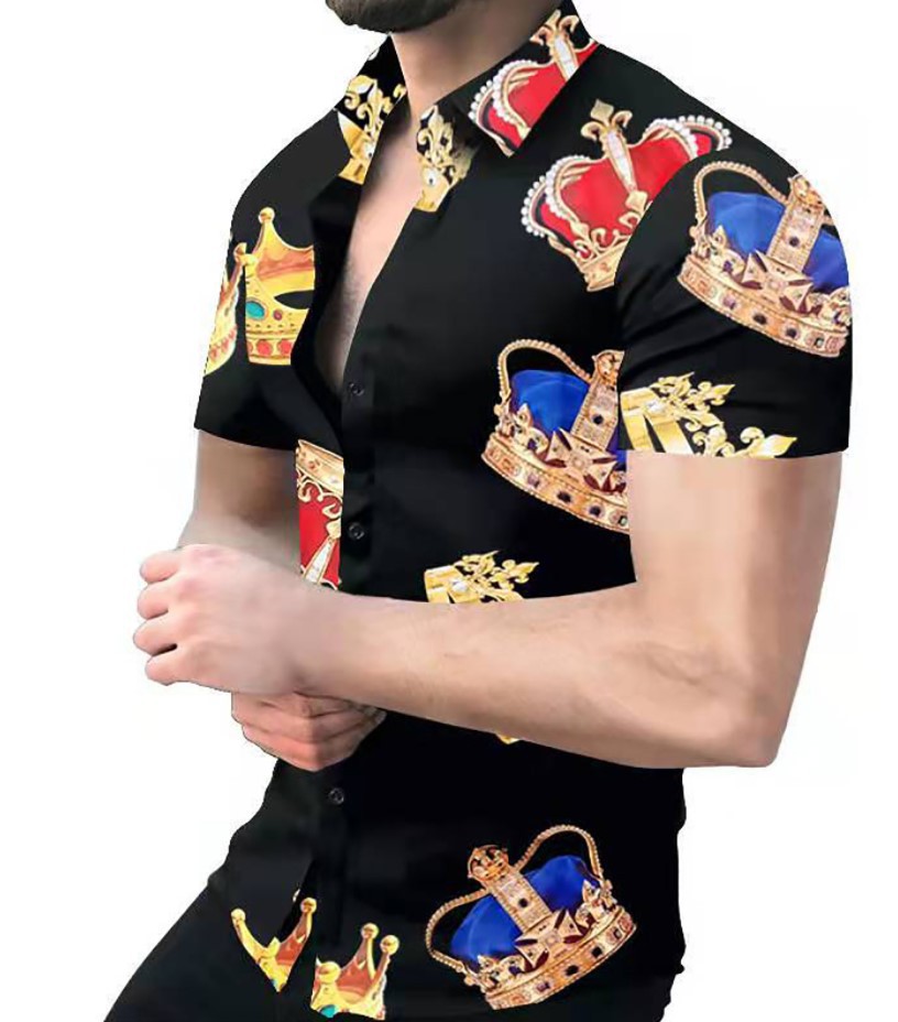 2023 Comercio exterior europeo y americano de los hombres de primavera nueva manga corta impresa casual solapa más tamaño camisa de los hombres