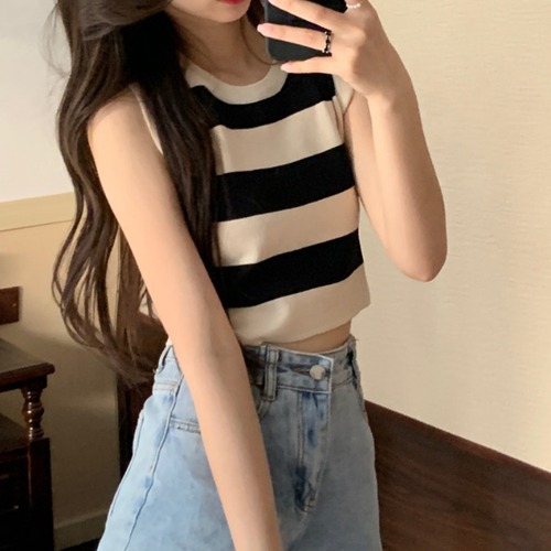 Knitted striped camisole women's  summer outer wear and inner wear sweet hot girl short sleeveless student top