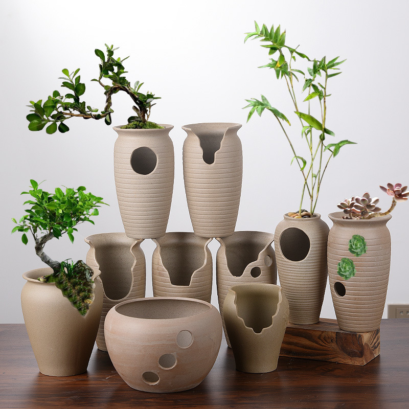 Lao Zhuang Succulent Flower Pot Ceramic Coarse Pottery Cut Creative Personality Retro Pot Breathable High Pot Special Clearance Potted Plant