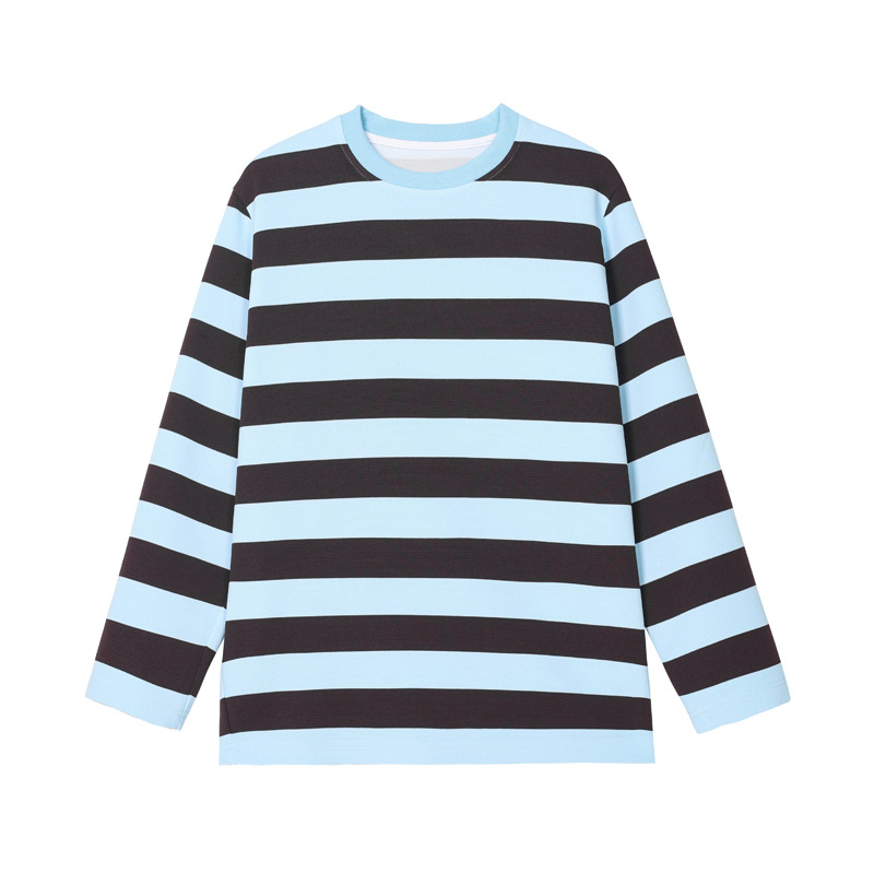 Camiseta masculina retrô americana listrada de manga comprida com proteção solar, estilo coreano, moletom casual de gola redonda, moderna._voghion.com