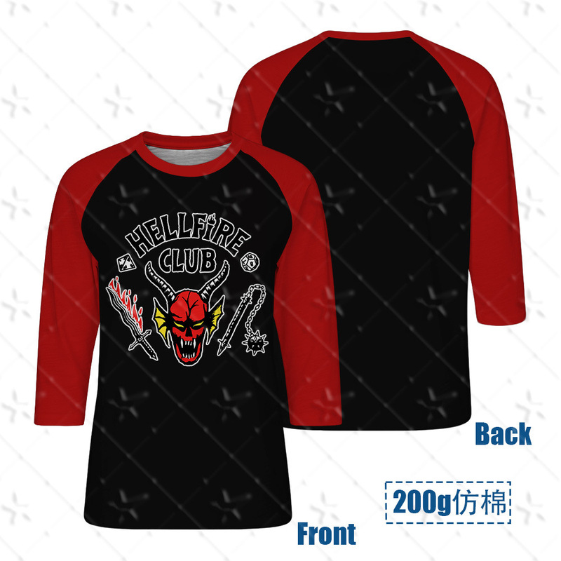 Stranger Things Hellfire Club 7-Point Raglan Sleeve T-Shirt, Cotton-Like Digital Print, Non-Fading, Unisex