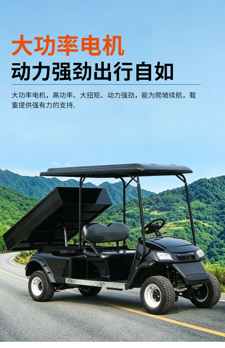 Electric Golf Cart with Cargo Box, 2-Seater, Dual-Purpose for Sightseeing and Cargo Transport, Self-Unloading Cargo Box, Material Transfer Vehicle