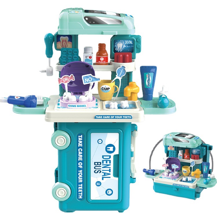 Simulación de niños transfronterizos 3-en-1 autobús cocina vajilla herramientas de maquillaje juego de juego casa maleta doctor juguete