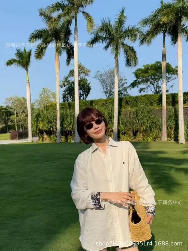 2025秋季新款美式老钱风小马标亚麻衬衫女宽松百搭休闲防晒衬衣|undefined