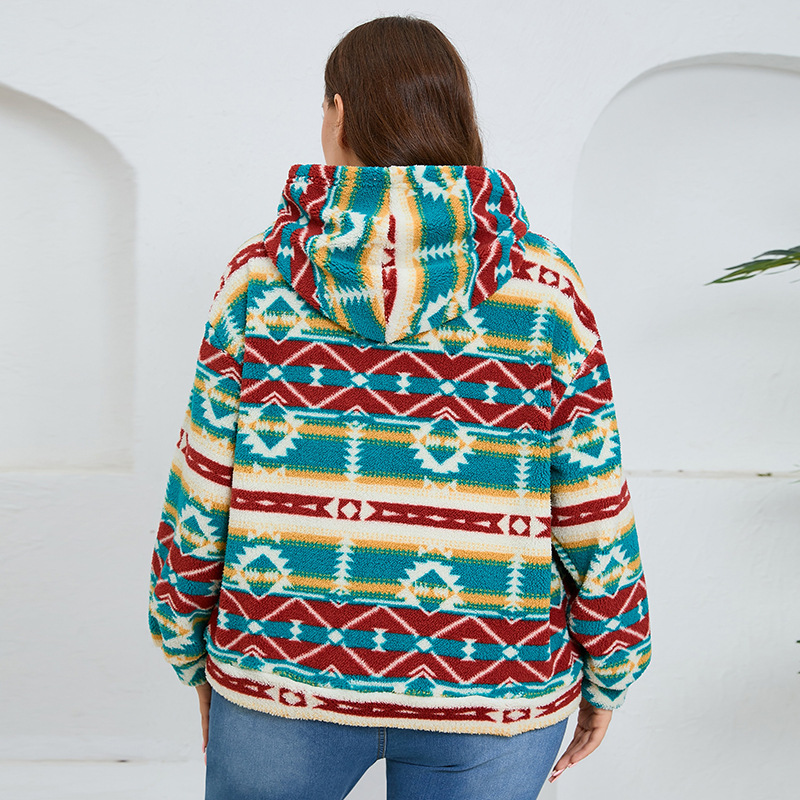 Women's Clothing striped hooded large size sweatshirt thickened loose casual long sleeved plush large pocket top_voghion.com