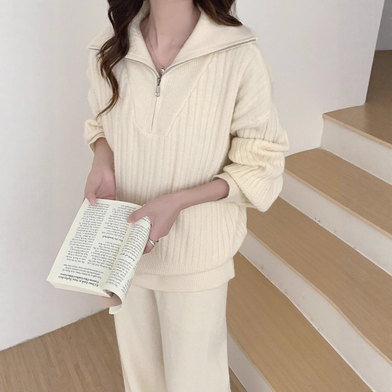 休闲时尚针织套装女外贸新款竖条半拉链针织衫上衣+阔腿裤两件套|undefined