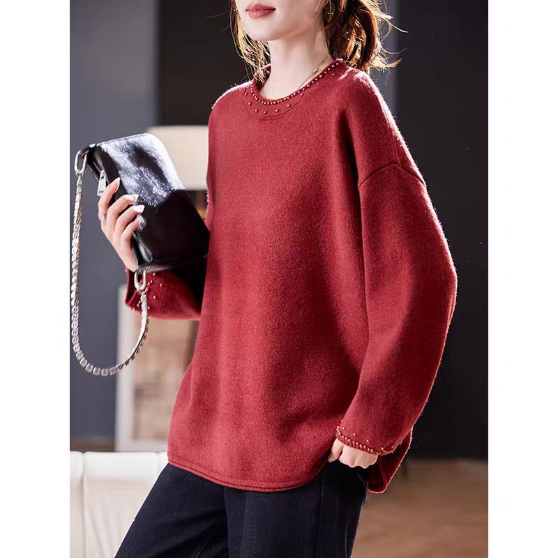 Suéter retro literario de otoño de mujeres 2025 nuevo relajado sensación de collar redondo suelto cuentas de punto camisa de manga larga