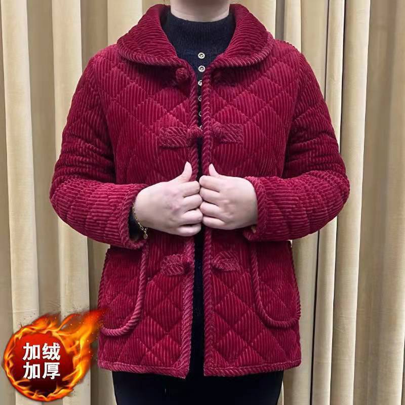 冬季新款燈芯絨加絨加厚棉襖盤扣媽媽裝棉衣中老年媽媽棉襖中長款