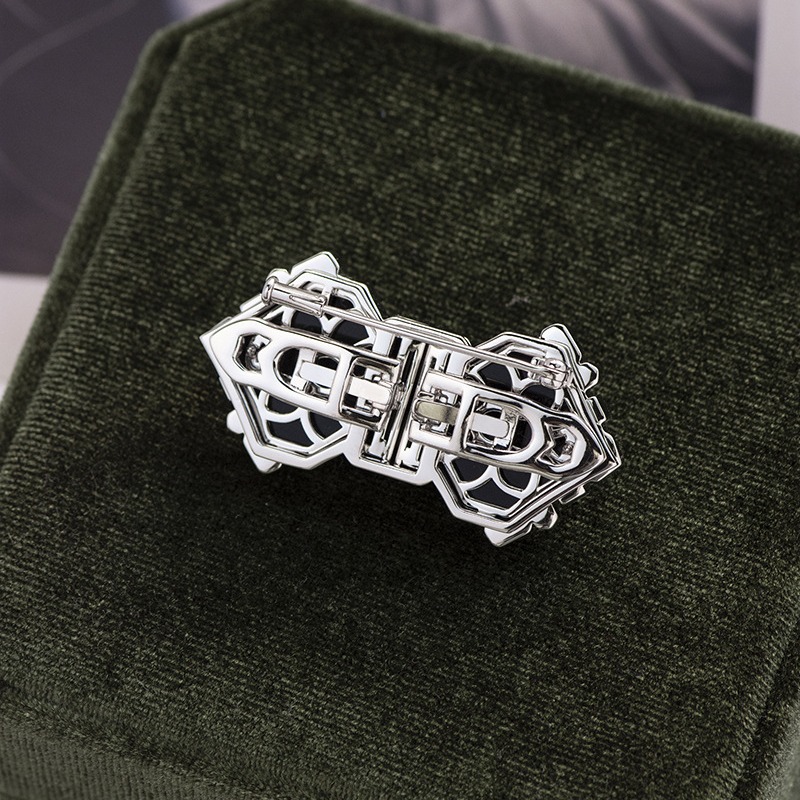 新しい925銀金メッキ対クリップart decoスタイル緑ナノ黒メノウ復古ブローチ