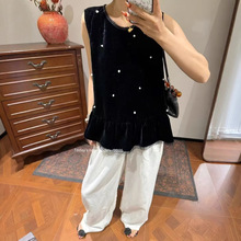 南油批发夏季新款 真丝丝绒钉珠拼欧根纱无袖上衣衬衫 后背蝴蝶结