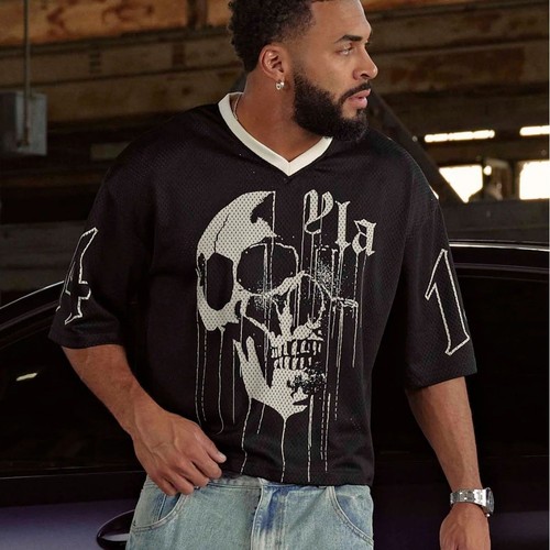 YOUNGLA American Streetwear Oversized T-Shirt for Men, Sporty Fitness Quick-Dry Breathable Mesh Print Short-Sleeve Top