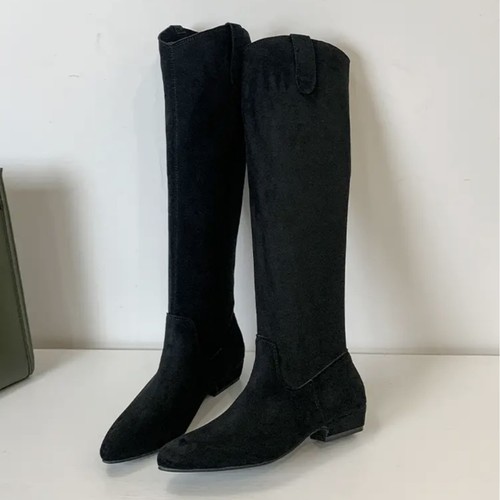 Vintage Rough-Fit V-Mouth Pile Pile Mid-Cheel Women's Boots for Autumn/Winter, Pointed Toe Western Cowboy Long Boots