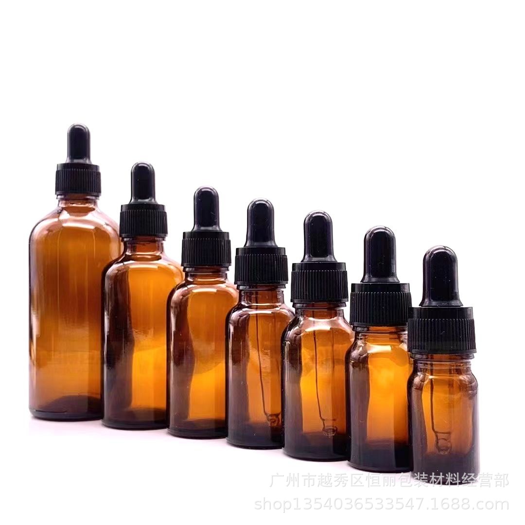 供应5 30 100ml棕色茶色玻璃精油原液分装香水调配瓶塑料滴管盖