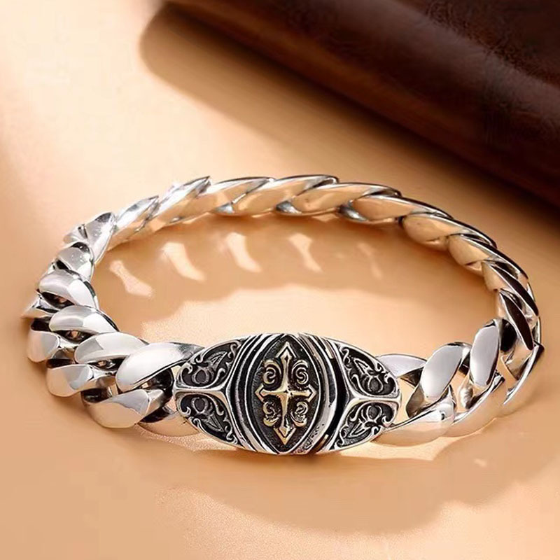 Trendy jewelry S925 sterling silver European and American motorcycle style personality cross bracelet Cuban chain rattan pattern fashion bracelet
