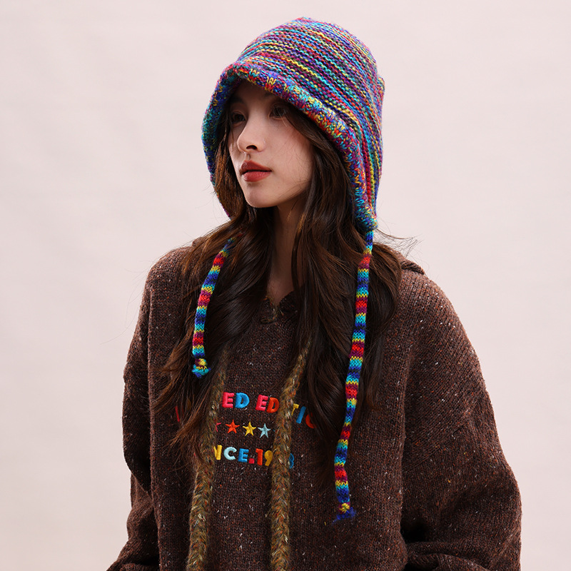 Cappelli di lana autunnali e invernali per bambini, colori arcobaleno a contrasto per mettere in mostra il viso, piccola borsa con testa carina legata con corda_voghion.com