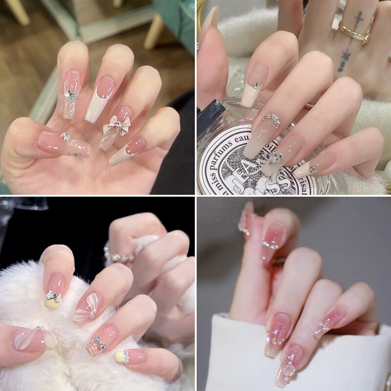 Girly Heart Aurora Glitter French Bow Nail Art Patch Handmade Fake Nail Patch Removable Wearable Nail Patch Finished Product