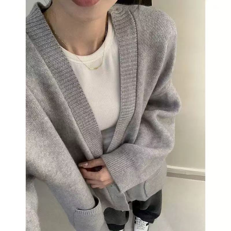 欧美跨境新款纯色宽松大码慵懒风V领毛衣外套加厚纯色简约针织衫|undefined