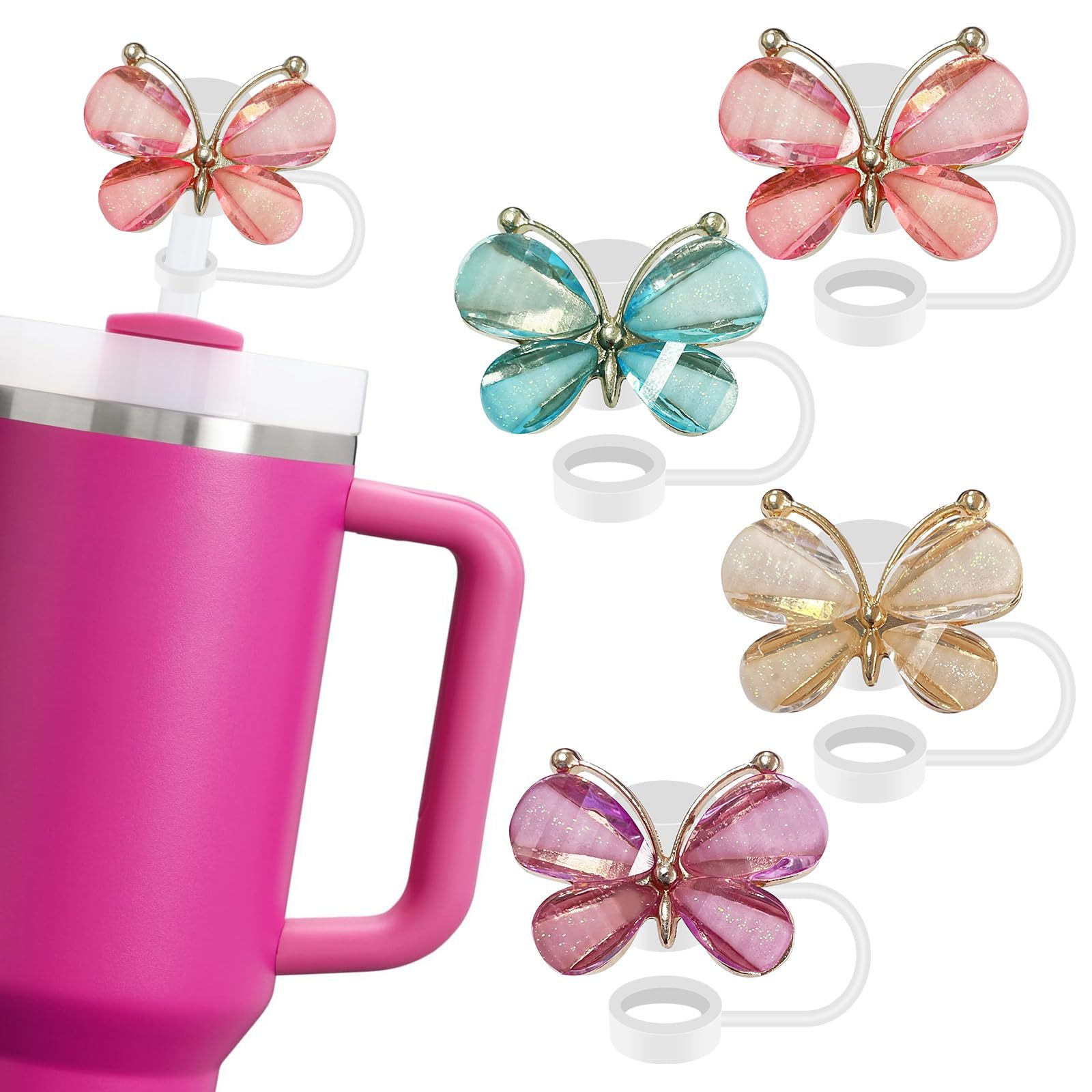 Nueva tapa de pajita de mariposa tapón de polvo color acrílico mágico cubierta de pajita de mariposa taza de agua cubierta de pajita decoración