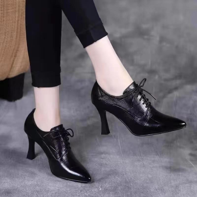 高跟单鞋女2025春秋新款尖头细跟中跟系带深口真皮气质女士高跟鞋