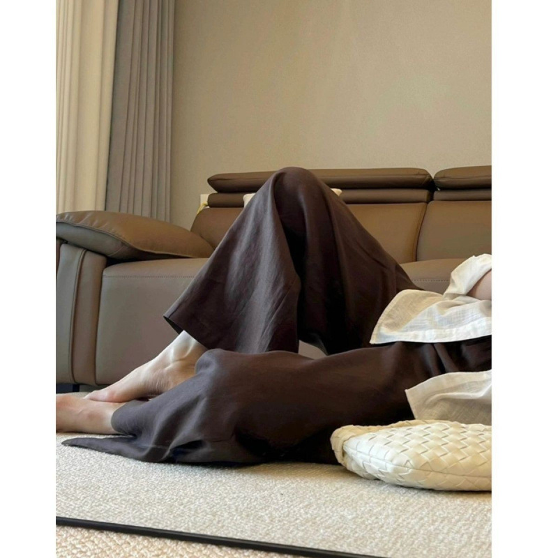 High-Waisted Linen Brown Coffee-Colored Wide-Leg Pants, Summer Lightweight Niche Style, Loose and Slimming