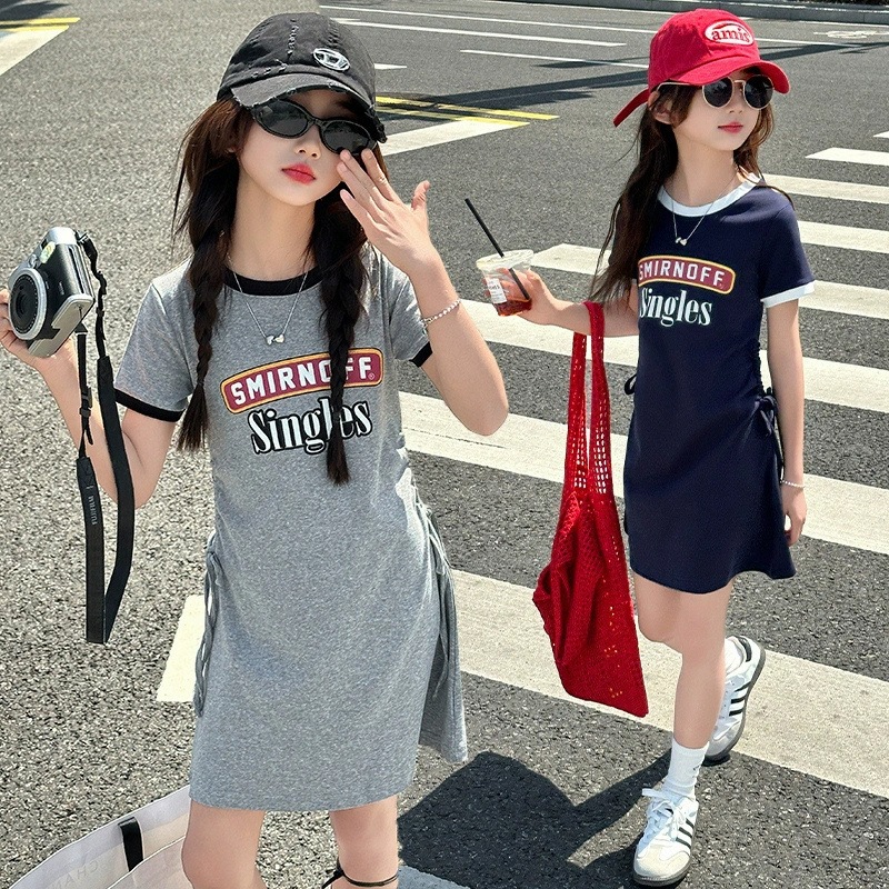Girls' Dress Summer New Children's Letter Round Neck Short-Sleeved Skirt Little Girl Casual Slim Mid-Length Skirt