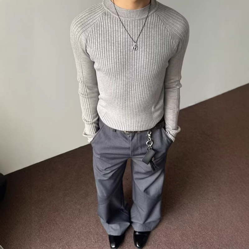 Dark Gray Striped Textured Raglan Sleeve Sweater for Men, Spring and Autumn Stylish Slim-Fit Base Layer Knit Top Dark Gray Striped Textured Raglan Sleeve Sweater for Men, Spring and Autumn Stylish Slim-Fit Base Layer Knit Top
