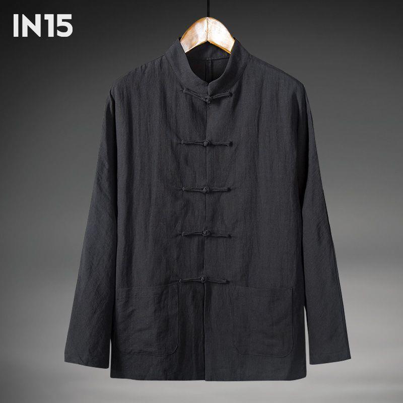 Primavera y otoño Nuevo estilo chino retro para hombres Camisa de lino de estilo chino Camisa de manga larga con hebilla de algodón y lino para hombres con cuello alto Traje Tang