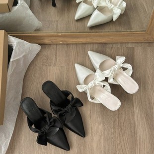 High Heels for Women 2025 Spring and Summer New Style French Style Small Fragrant Style Baotou Half Drag Pointed Bow Outer Slippers for Women