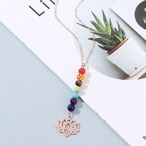 2pcs Colorful Natural Stone yoga meditation necklaces Colorful Bead Necklace Seven Chakra Yoga healing Necklace