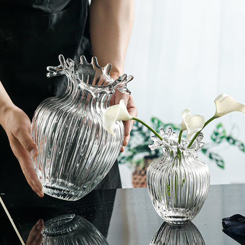 Modern Minimalist Wave Mouth Transparent Glass Vase for Living Room Bedroom Dining Table Flower Arrangement Water Planting Home Decor Ornament
