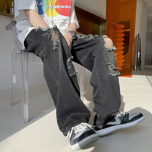 Ripped Denim Jeans for Men, Summer Style—Instagram-Famous High-Street Loose-Fit, Distressed Wide-Leg Pants with a Unique Designer Touch, Perfect for Trendy, Niche Brands