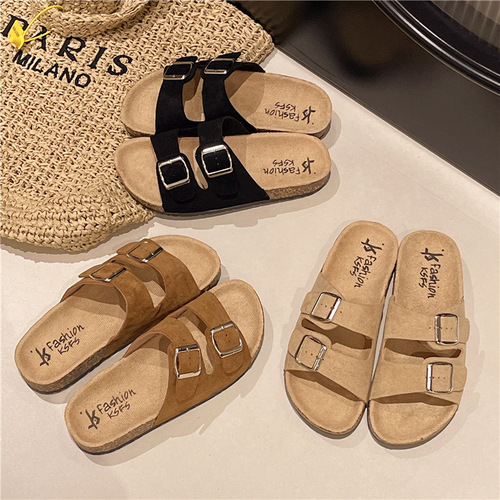 2025 Summer New Thick Sole Birkenstock Shoes for Women, Unisex Matchable Couple's Outdoor Wear Cork Slides with Soft Sole and Double Buckle Straps